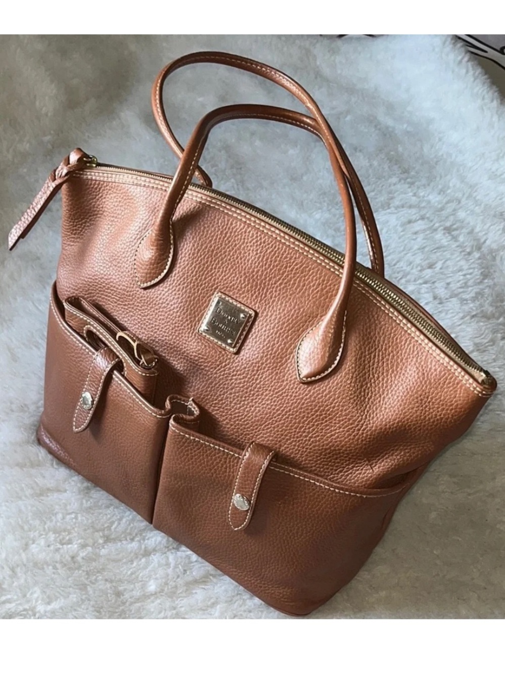 Dooney & Bourke Cognac Pebbled Leather Tote with Front Pockets